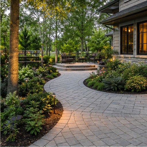 Curved stone walkway leading to a landscaped patio