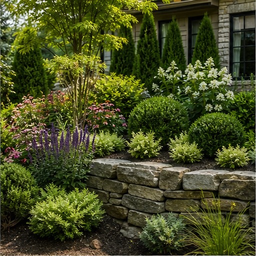 Layered garden planting and natural stone retaining wall