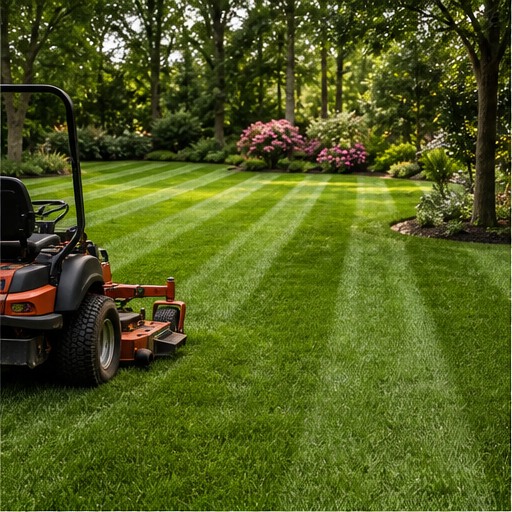 Freshly striped lawn beside a landscaped garden
