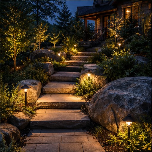 Landscape steps and trees illuminated at blue hour