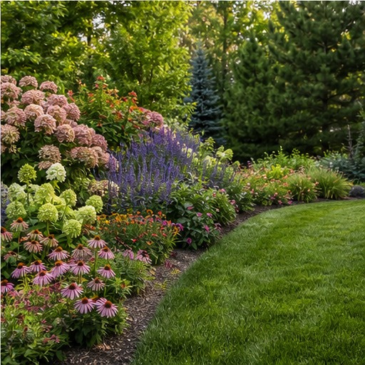 Colorful seasonal flower border beside manicured lawn
