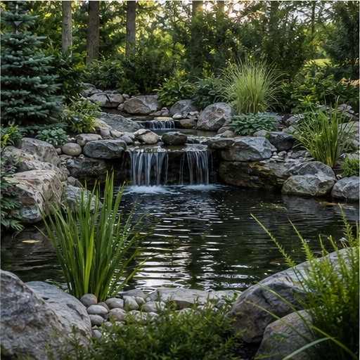 Backyard pond with a natural stone waterfall